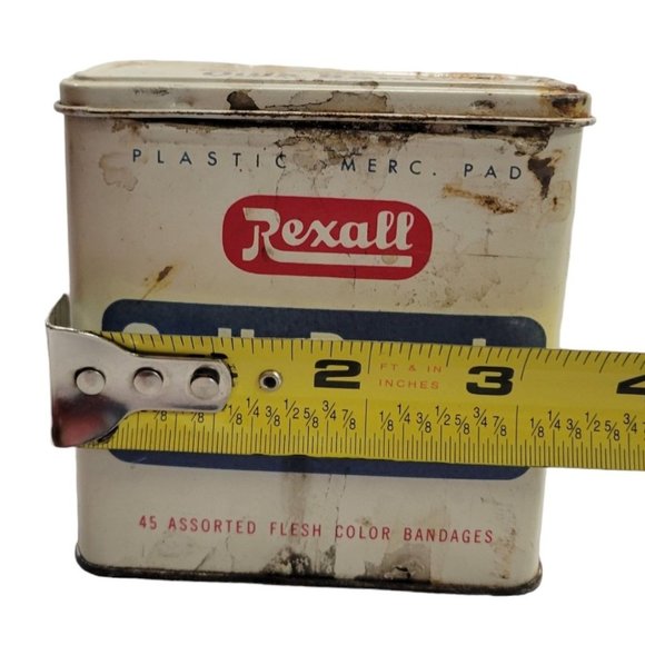 Vintage Rexall Quik Bands Metal Tin Box Pro Cap Bandages Empty Retro First Aid - Picture 10 of 11